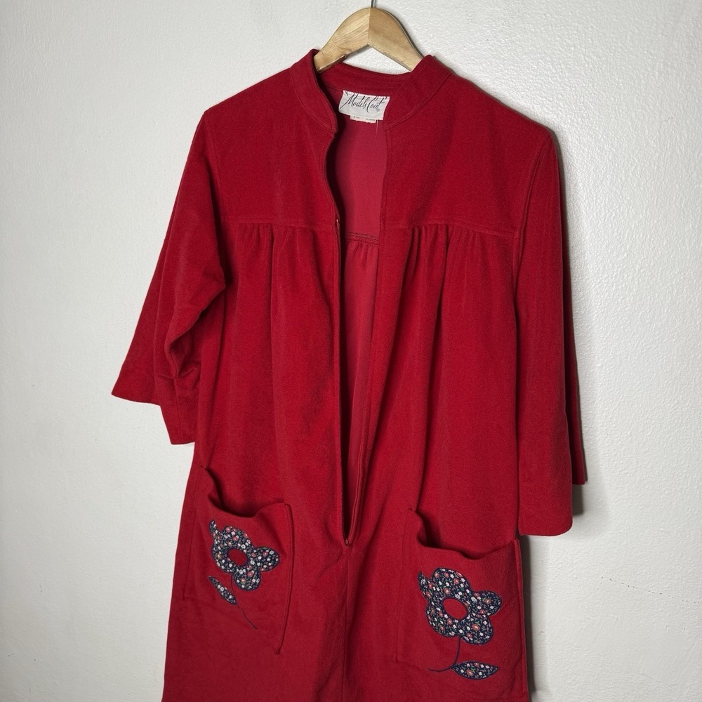 Vintage‎ Models Coat Red Flower Patch Pockets House Coat Zip Front Women's 14 - Picture 5 of 12
